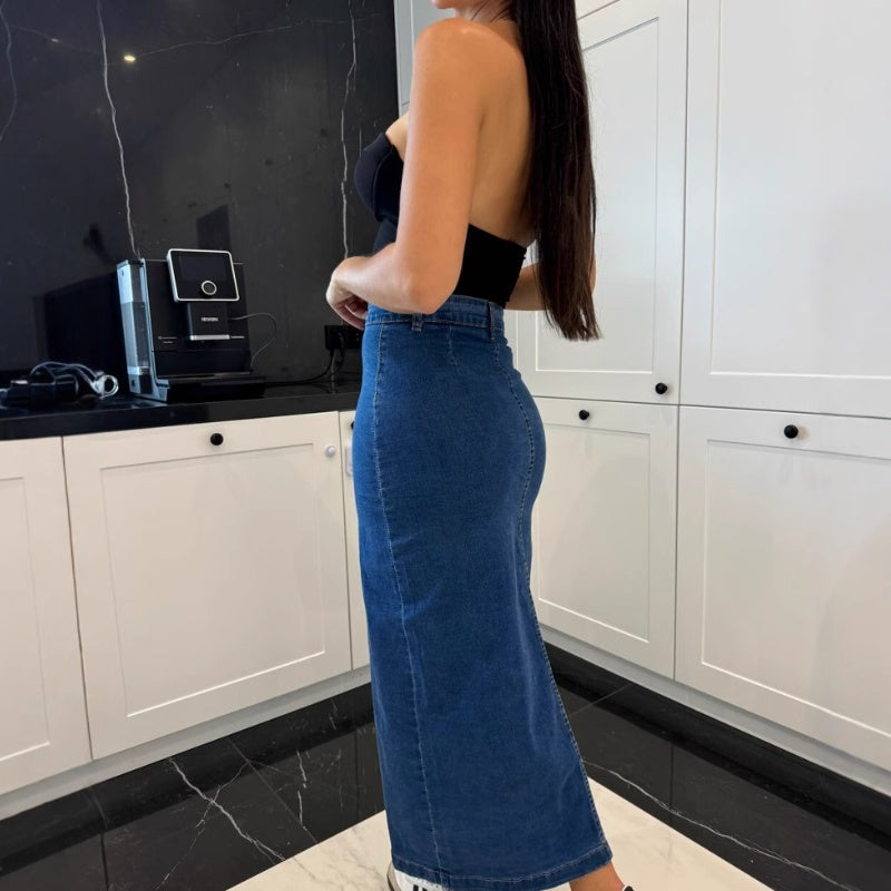 💕Nur für kurze Zeit 50 % Rabatt💕 Stilvoller, figurbetonter Jeansrock mit Knopfverschluss und Schlitz