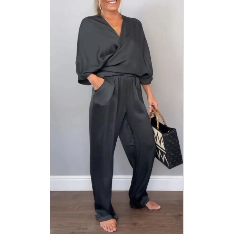 2-teiliges Wickel-Set aus Oberteil und Hose mit V-Ausschnitt für Damen💞💞