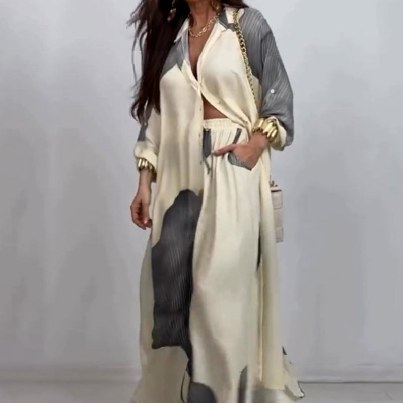 Set aus langem Hemd mit durchgehender Knopfleiste und Hose mit Kordelzug