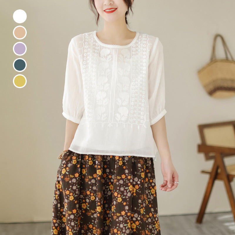 👚 50% RABATT! 🌿 Damen Dünnes Stickerei-Shirt aus Atmungsaktiver Baumwolle & Leinen – Leicht & Luftig – Perfekt für Sommer & Urlaub – Kurzarm & Rundhals ✨