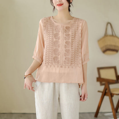 👚 50% RABATT! 🌿 Damen Dünnes Stickerei-Shirt aus Atmungsaktiver Baumwolle & Leinen – Leicht & Luftig – Perfekt für Sommer & Urlaub – Kurzarm & Rundhals ✨