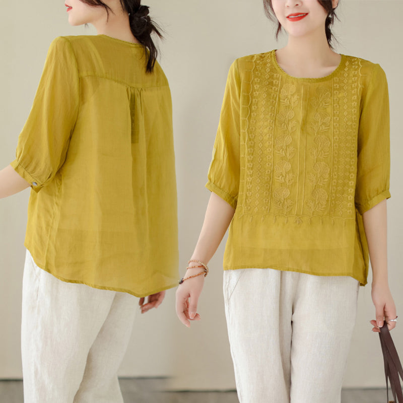 👚 50% RABATT! 🌿 Damen Dünnes Stickerei-Shirt aus Atmungsaktiver Baumwolle & Leinen – Leicht & Luftig – Perfekt für Sommer & Urlaub – Kurzarm & Rundhals ✨