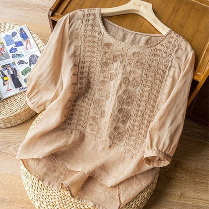 👚 50% RABATT! 🌿 Damen Dünnes Stickerei-Shirt aus Atmungsaktiver Baumwolle & Leinen – Leicht & Luftig – Perfekt für Sommer & Urlaub – Kurzarm & Rundhals ✨