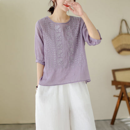 👚 50% RABATT! 🌿 Damen Dünnes Stickerei-Shirt aus Atmungsaktiver Baumwolle & Leinen – Leicht & Luftig – Perfekt für Sommer & Urlaub – Kurzarm & Rundhals ✨