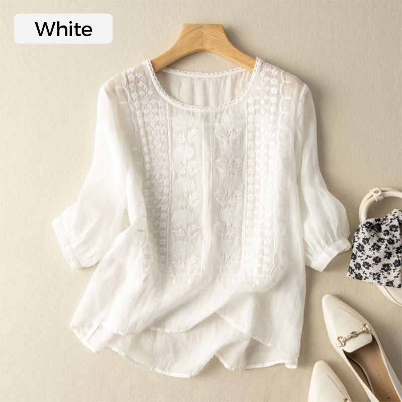 👚 50% RABATT! 🌿 Damen Dünnes Stickerei-Shirt aus Atmungsaktiver Baumwolle & Leinen – Leicht & Luftig – Perfekt für Sommer & Urlaub – Kurzarm & Rundhals ✨