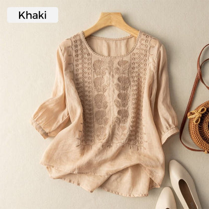 👚 50% RABATT! 🌿 Damen Dünnes Stickerei-Shirt aus Atmungsaktiver Baumwolle & Leinen – Leicht & Luftig – Perfekt für Sommer & Urlaub – Kurzarm & Rundhals ✨