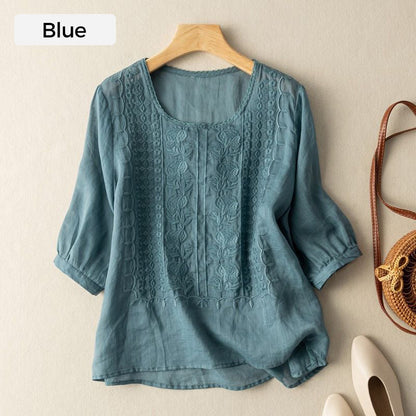 👚 50% RABATT! 🌿 Damen Dünnes Stickerei-Shirt aus Atmungsaktiver Baumwolle & Leinen – Leicht & Luftig – Perfekt für Sommer & Urlaub – Kurzarm & Rundhals ✨