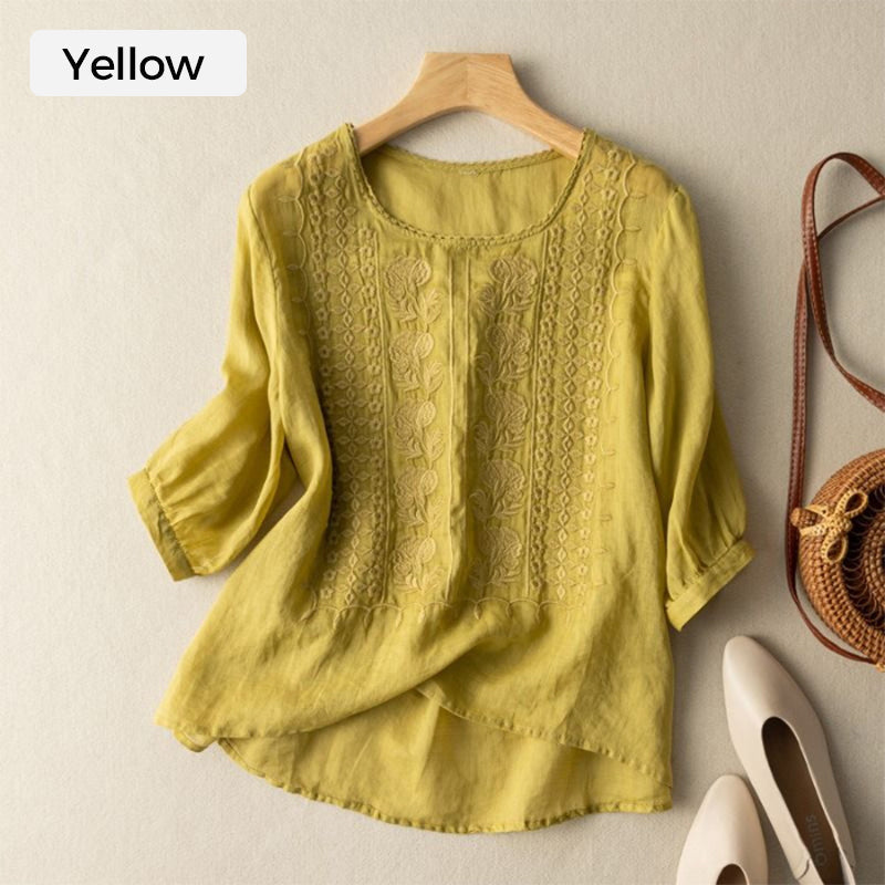👚 50% RABATT! 🌿 Damen Dünnes Stickerei-Shirt aus Atmungsaktiver Baumwolle & Leinen – Leicht & Luftig – Perfekt für Sommer & Urlaub – Kurzarm & Rundhals ✨