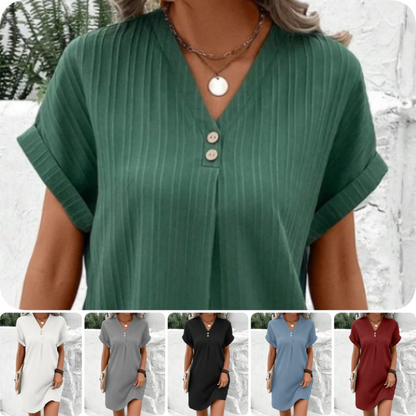 🛍️ 50 % Rabatt – V-Ausschnitt-Kleid mit Knopfleiste – einfarbig, bequem & vielseitig – für Alltag, Büro & Freizeit 👗