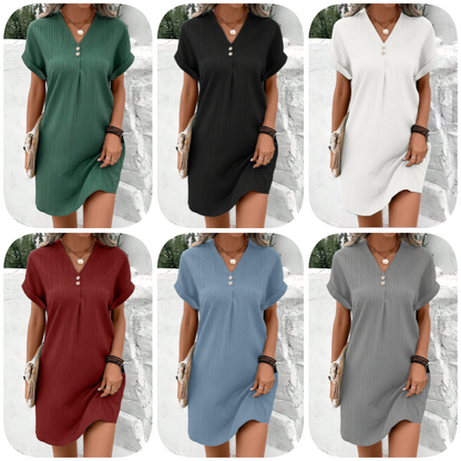 🛍️ 50 % Rabatt – V-Ausschnitt-Kleid mit Knopfleiste – einfarbig, bequem & vielseitig – für Alltag, Büro & Freizeit 👗