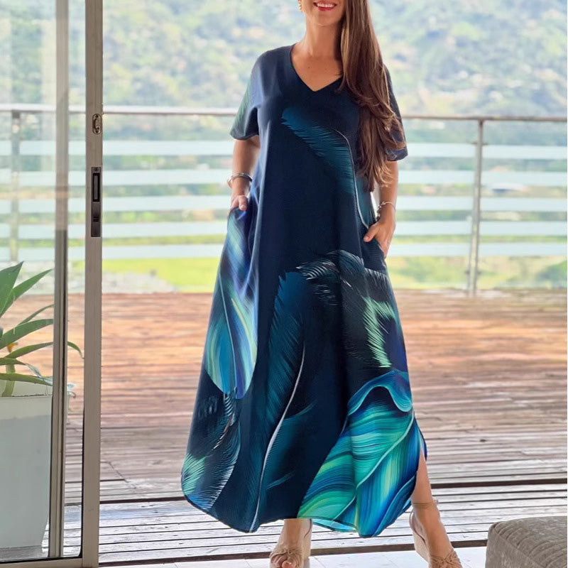 💕 Damen lässiges locker sitzendes V-Ausschnitt-Print-Kurzarmkleid