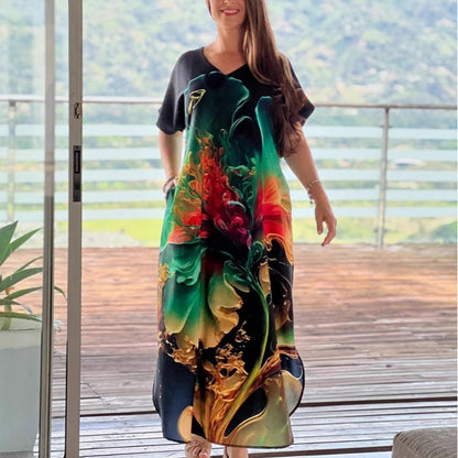 💕 Damen lässiges locker sitzendes V-Ausschnitt-Print-Kurzarmkleid