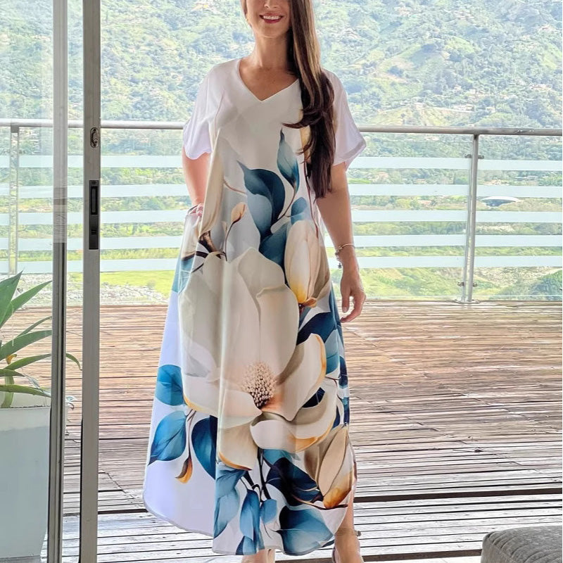 💕 Damen lässiges locker sitzendes V-Ausschnitt-Print-Kurzarmkleid