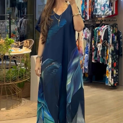 💕 Damen lässiges locker sitzendes V-Ausschnitt-Print-Kurzarmkleid
