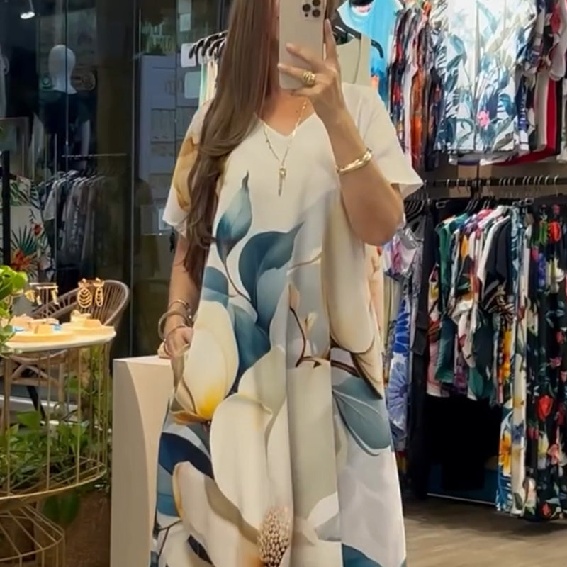 💕 Damen lässiges locker sitzendes V-Ausschnitt-Print-Kurzarmkleid