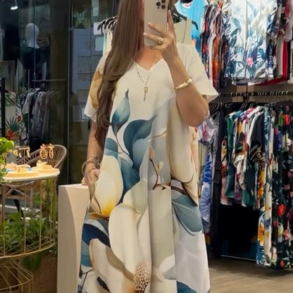💕 Damen lässiges locker sitzendes V-Ausschnitt-Print-Kurzarmkleid