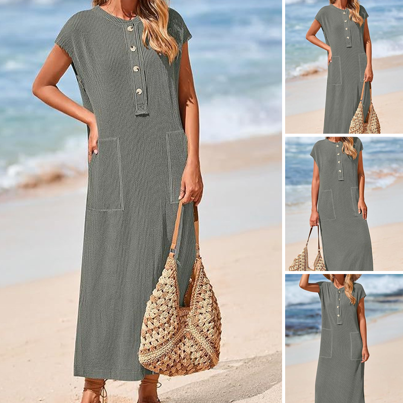 Maxikleid aus Rippstrick mit Henley-Ausschnitt für Damen