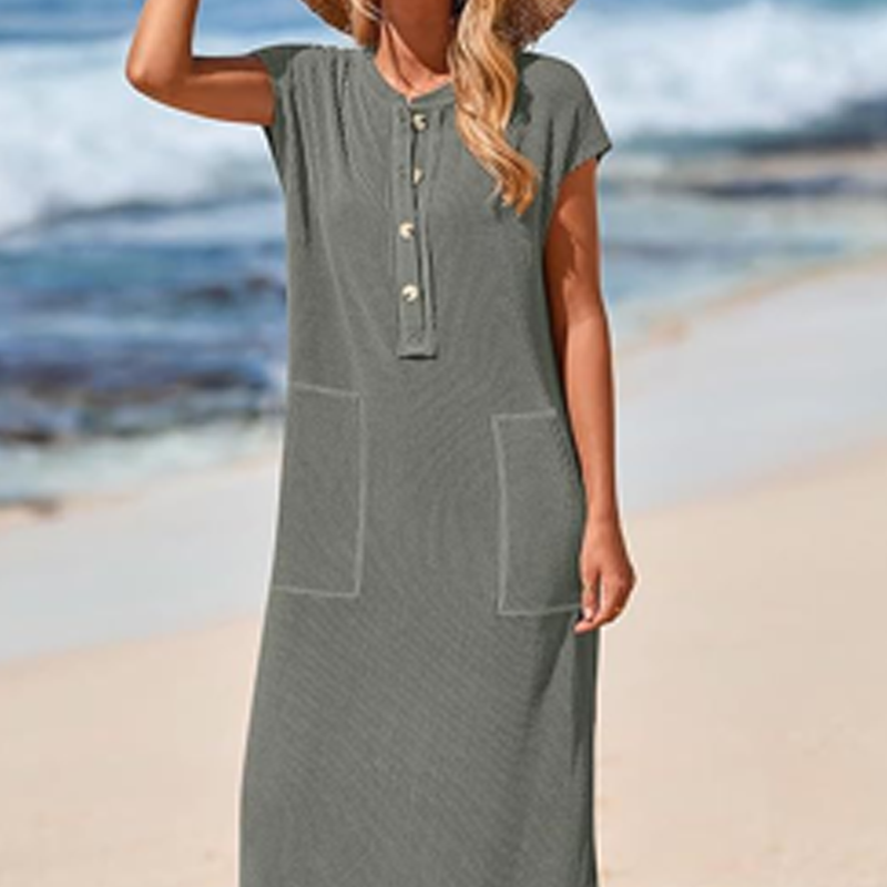 Maxikleid aus Rippstrick mit Henley-Ausschnitt für Damen