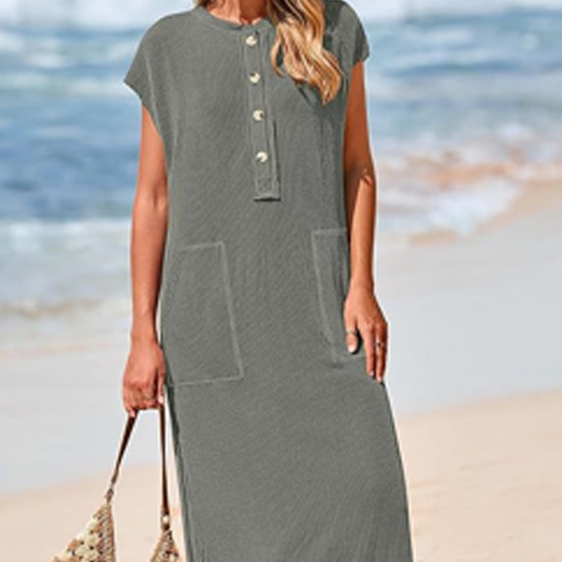Maxikleid aus Rippstrick mit Henley-Ausschnitt für Damen