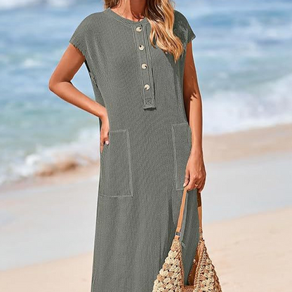 Maxikleid aus Rippstrick mit Henley-Ausschnitt für Damen