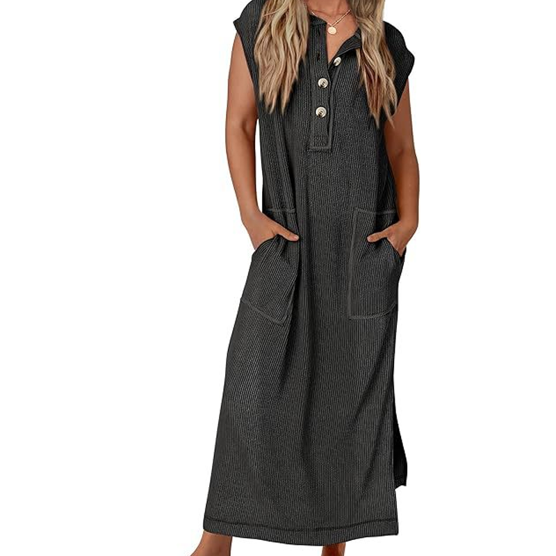 Maxikleid aus Rippstrick mit Henley-Ausschnitt für Damen