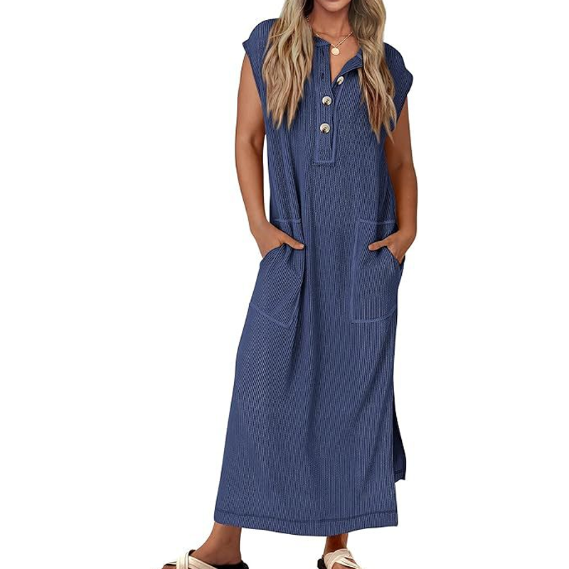 Maxikleid aus Rippstrick mit Henley-Ausschnitt für Damen