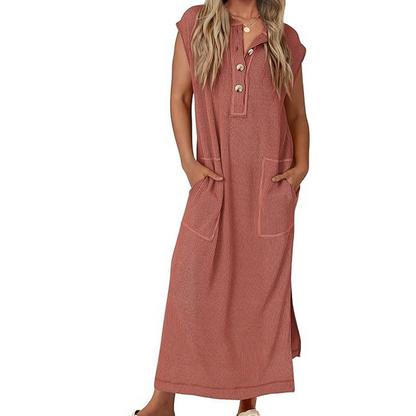 Maxikleid aus Rippstrick mit Henley-Ausschnitt für Damen