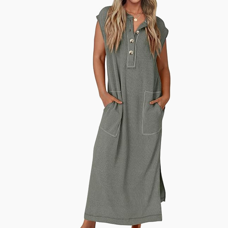 Maxikleid aus Rippstrick mit Henley-Ausschnitt für Damen
