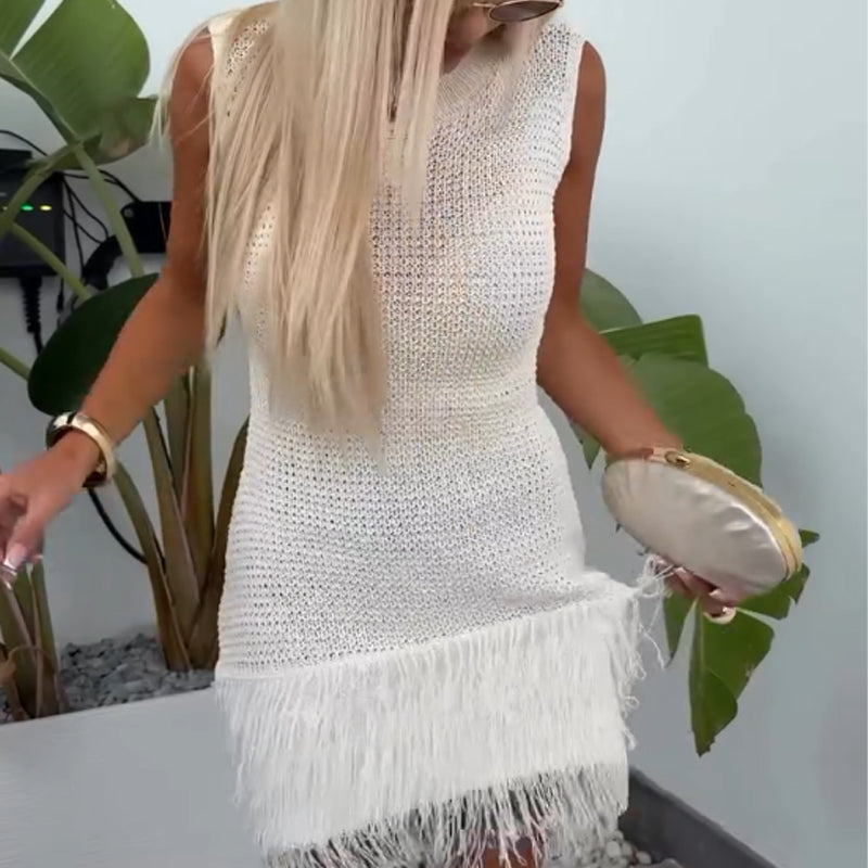 🍃🔥Ärmelloses Strickkleid mit transparenter Optik, natürlicher Taille und Fransensaum