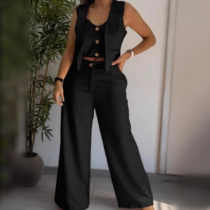 🔥Trendiger Damen-Zweiteiler: Ärmellose Weste in Layering-Optik & weite Hose