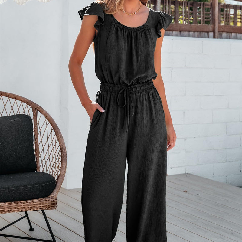 Einfarbiger, plissierter Jumpsuit mit quadratischem Ausschnitt für Damen