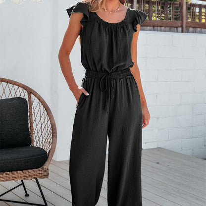 Einfarbiger, plissierter Jumpsuit mit quadratischem Ausschnitt für Damen