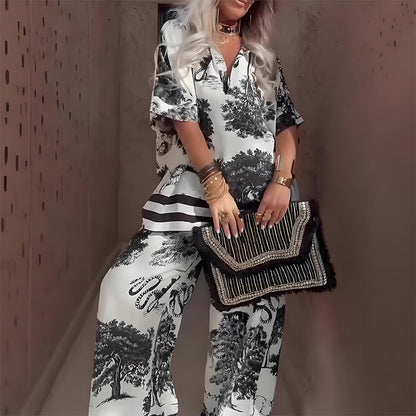 🍁Letzter Tag: 50% Rabatt✨Damen-Set mit Print: Top mit V-Ausschnitt & lange Hose