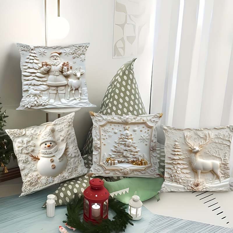 🎄 Neue 4-teilige Weihnachts-Kissenbezüge Set – Santa, Schneemann, Tannenbaum & Rentier Motive für Ihre Wohnzimmer-Dekoration