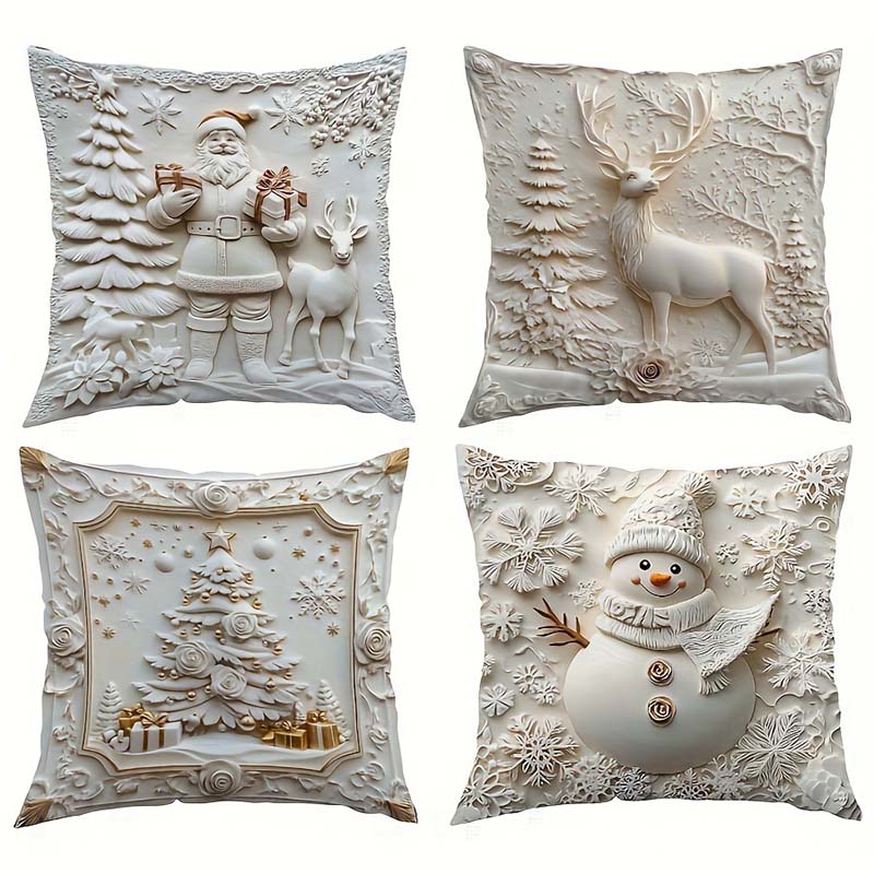 🎄 Neue 4-teilige Weihnachts-Kissenbezüge Set – Santa, Schneemann, Tannenbaum & Rentier Motive für Ihre Wohnzimmer-Dekoration