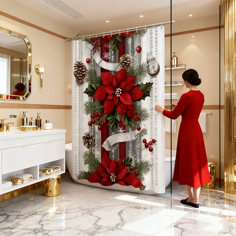 🎄Weihnachten 50% Rabatt 🎉Weihnachtsroter Druck Feiertags-Duschvorhang