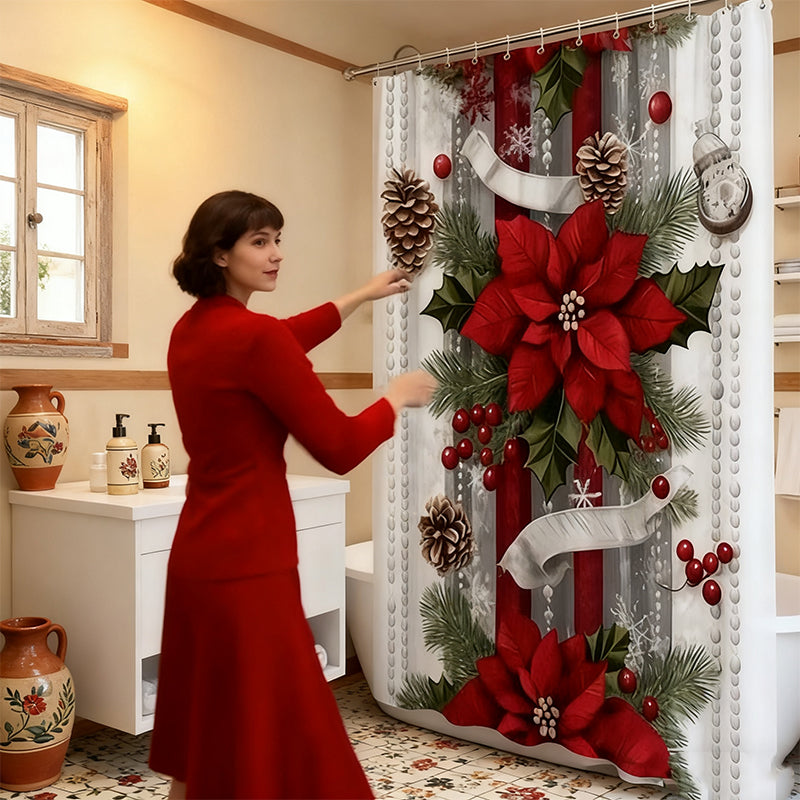 🎄Weihnachten 50% Rabatt 🎉Weihnachtsroter Druck Feiertags-Duschvorhang