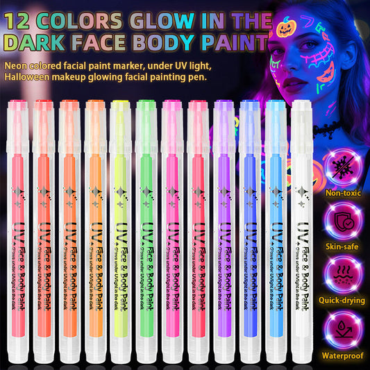 🌈 UV-Leucht-Gesichts & Körpermalstifte – 12 Farben Neon-Leuchteffekt für Partys & Feiern