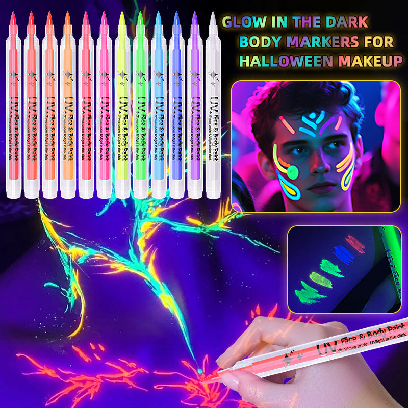 🌈 UV-Leucht-Gesichts & Körpermalstifte – 12 Farben Neon-Leuchteffekt für Partys & Feiern