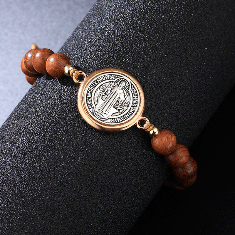 🛡️Ein treuer Begleiter für Schutzgeister✨Armband aus Naturholzperlen mit St.-Benedikt-Motiv🎁Verstellbar, für Damen und Herren geeignet