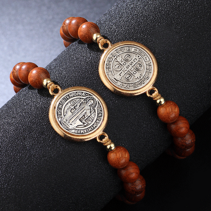 🛡️Ein treuer Begleiter für Schutzgeister✨Armband aus Naturholzperlen mit St.-Benedikt-Motiv🎁Verstellbar, für Damen und Herren geeignet