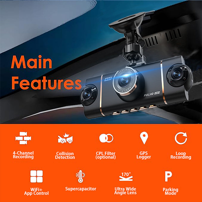 🔥2026: Starten Sie mit dem perfekten Überblick! 🚘📹 4-Kanal HD-Dashcam mit Rundum-Aufnahme (Front, Innenraum, Heck)