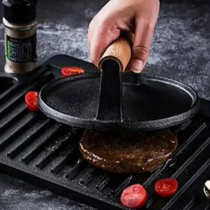 🍳50 % RABATT🥩Gusseisen Steak- & Burgerpresse mit Holzgriff – Gleichmäßiges Garen & BBQ-Perfektion! 🍔🔥