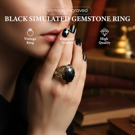 Vintage-gravierter schwarzer Ring mit simuliertem Edelstein