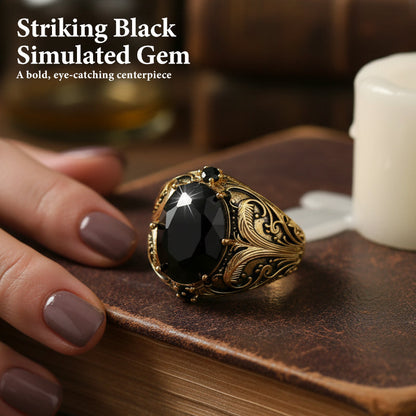 Vintage-gravierter schwarzer Ring mit simuliertem Edelstein