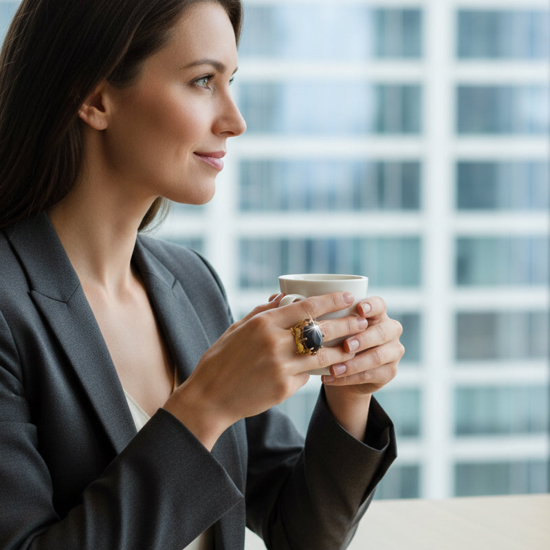 Vintage-gravierter schwarzer Ring mit simuliertem Edelstein