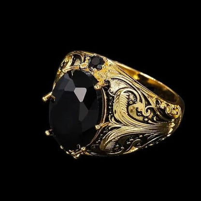 Vintage-gravierter schwarzer Ring mit simuliertem Edelstein