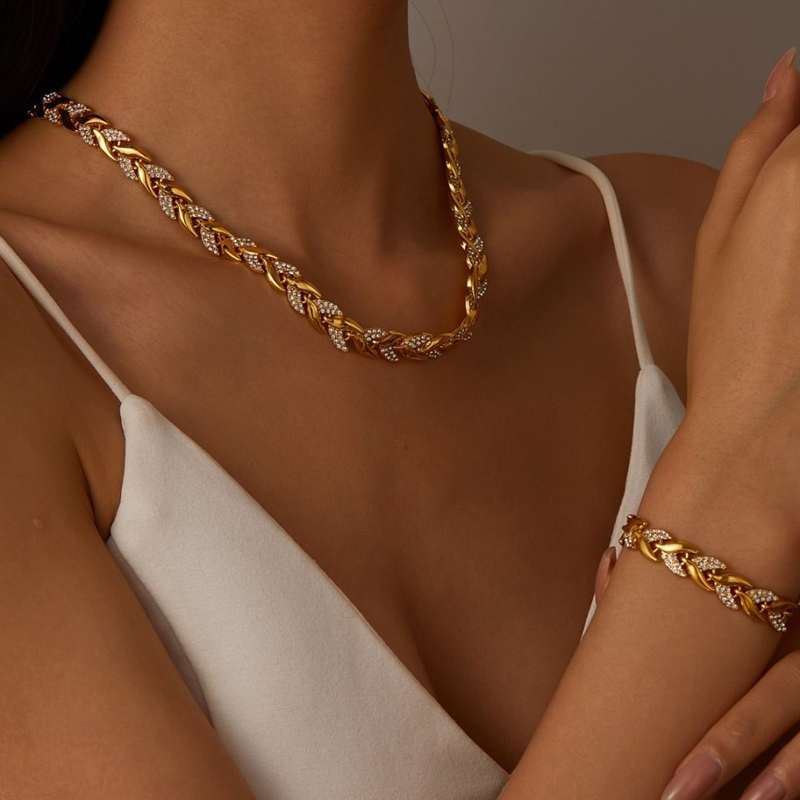 📢📢50 % RABATT! ⏰Verstellbares Halsketten- und Armband-Set im Blatt-Design mit Strasssteinen