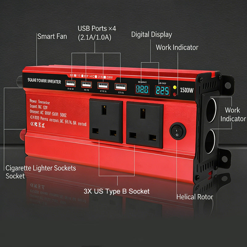 1500W Spannungswandler fürs Auto mit 4 USB-Anschlüssen
