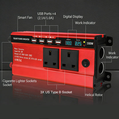 1500W Spannungswandler fürs Auto mit 4 USB-Anschlüssen